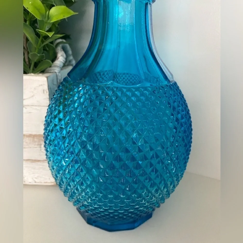 Blue Glass Diamond Point Cut Hobnail Glass Decanter No Cover